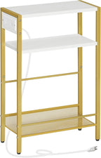 HOOBRO Small Narrow Side Table with Charging Station, Skinny End Table for Small Spaces, Slim Nightstand with USB Ports Outlet, Sofa Beside Table with Storage Shelf, White and Gold DW102UBZ01