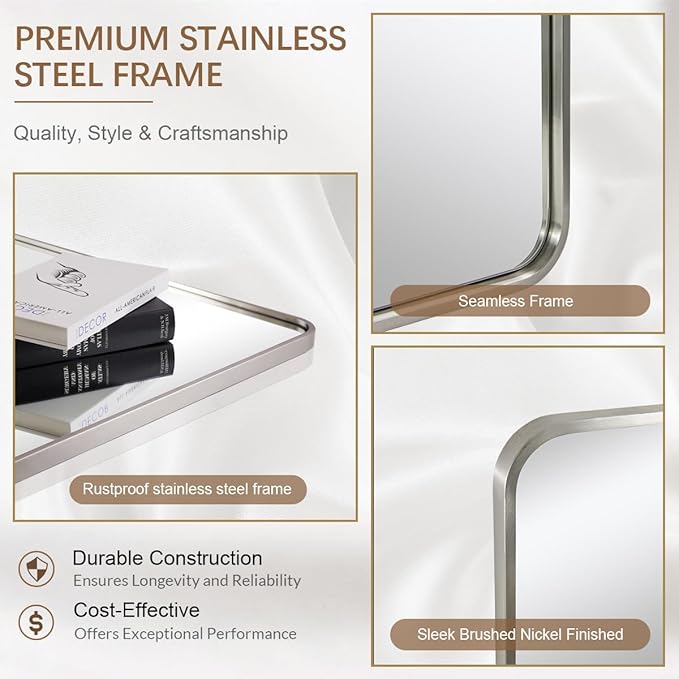 ANDY STAR 48x36 Inch Brushed Nickel Bathroom Mirror, Rounded Rectangle Bathroom Vanity Mirrors for Wall, Anti-Rust SUS304, Seamless Tube Metal Frame, 1’’ Deep Wall Mounted Vertically/Horizontal