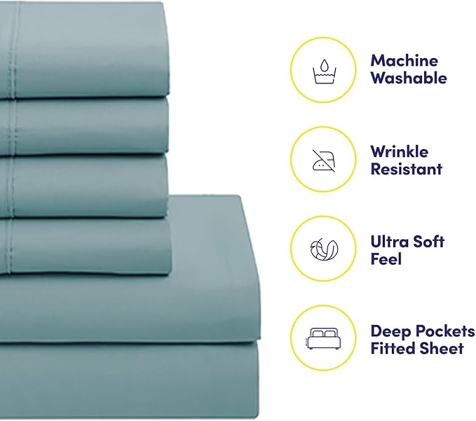 Sweet Home Collection 7 Piece Comforter Set Bag Solid Color All Season Soft Down Alternative Blanket & Luxurious Microfiber Bed Sheets, Misty Blue, Queen