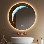 24'' Circle LED Mirror, Frameless Round Smart Mirror with Backlit & Half Moon Light, Anti-Fog, 3 Color Modes, Dimmable Wall-Mounted LED Vanity Mirrors for Bathroom, Bedroom, Entryway