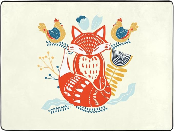 Scandinavian Folk Art with Foxes Area Rug 63x48in Rugs for Living Room Bedroom Rug Washable Large Rug Indoor Decorative Carpet Yoga Floor Mat