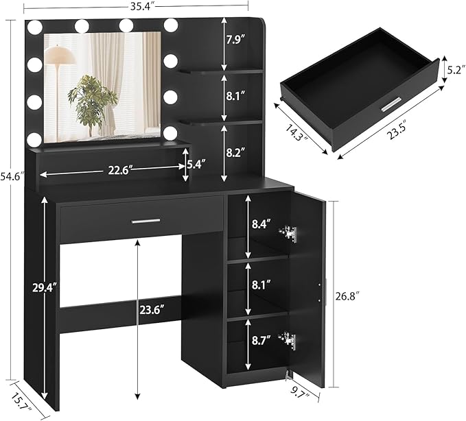 Quimoo Makeup Vanity Desk with Mirror & Lights, Vanity Desk with 5 Drawers & Storage Shelves, Vanity Table, 3 Color Modes & Adjustable Brightness Dressing Table, Bedroom, Black