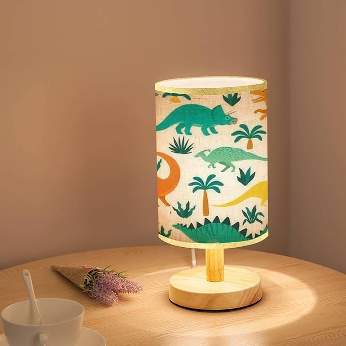 LOPYEIJFG Minimalist Bedside Table Lamp Hand Drawn Seamless with Dinosaurs and Tropical Leaves and Flowers Wood Nightstand Lamp Bedside Desk Lamp Wood Base Flaxen Fabric Shade for Bedroom Living Room