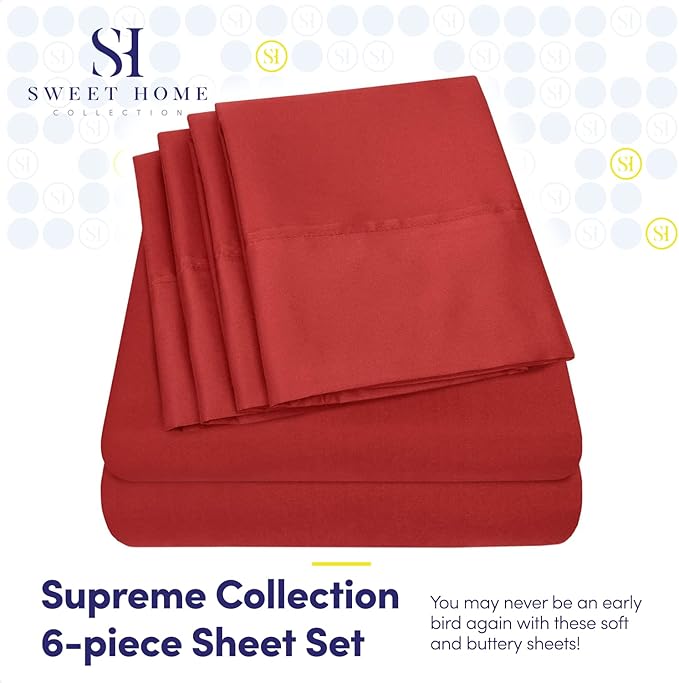 Sweet Home Collection 6 Piece 1500 Supreme Collection Brushed Microfiber Deep Pocket Sheet Set-2 Extra Pillow Cases, Great Value, Rv Short Queen, Samba Red