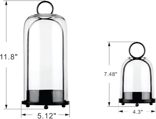 5" & 4" Wide Versatile Metal Candle Holder in Black with Handmade Thick, Heavy & Sturdy Glass Dome for Pillar Candle, Industrial, Modern, Shelf, Mantel, Veranda, Porch (2, Black, Large & Small)