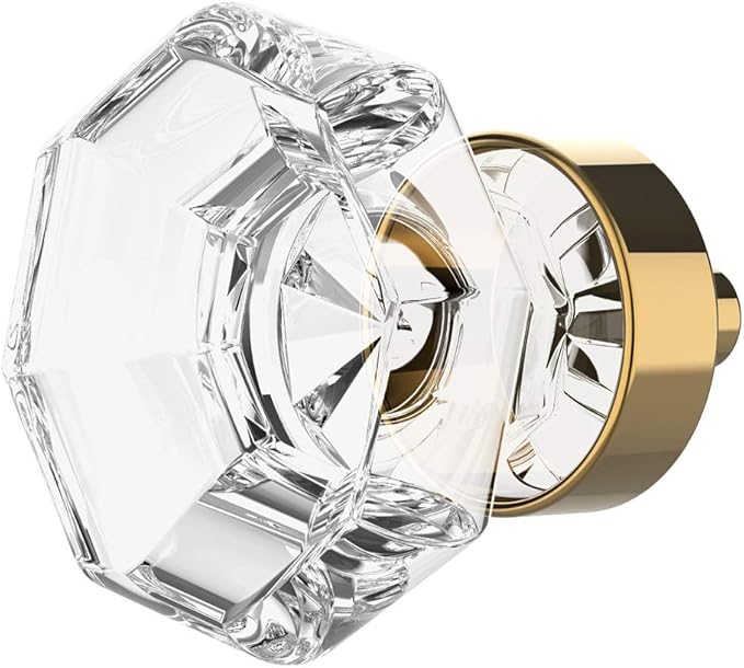 Alzassbg 6 Pack Clear Crystal with Polished Brass Cabinet Knobs, 1-3/8 Inch(35mm) Cabinet Hardware Octagon Glass Crystal Knobs for Drawers AL1021BG