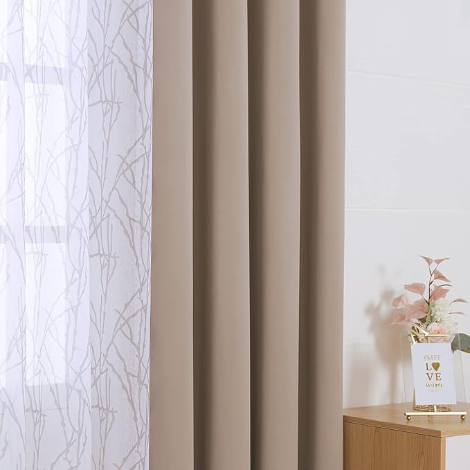 BONZER Mix and Match Curtains - 2 Pieces Branch Print Sheer Curtains and 2 Pieces Blackout Curtains for Bedroom Living Room Grommet Window Drapes, 54x108 Inch/Panel, Taupe, Set of 4 Panels