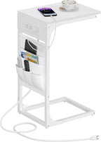 TUTOTAK C Shaped End Table with Charging Station, Side Table for Sofa, Couch Table with Storage Bag, TV Tray Table with 2 USB Ports and Outlets for Living Room, Bedroom, White TB01BW024