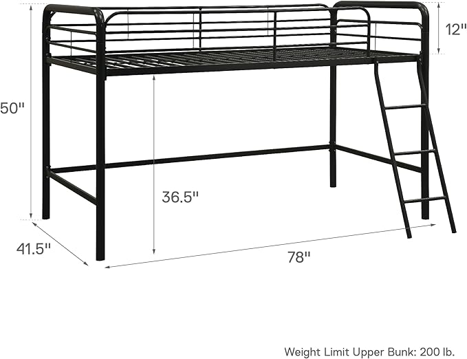 DHP Junior Loft Bed, Space-Saving Metal Frame, Black Finish, Ideal for Younger Children