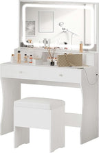 IRONCK Vanity Desk with LED Lighted Mirror & Power Outlet, Makeup Vanities Table with 4 Drawers,Storage Bench,Dressing Table for Bedroom White