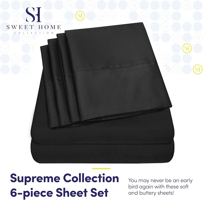 Cal King Size Bed Sheets - 6 Piece 1500 Supreme Collection Fine Brushed Microfiber Deep Pocket California King Sheet Set Bedding - 2 Extra Pillow Cases, Great Value, California King, Black