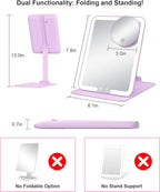 Gospire Travel Makeup Mirror with Lights and Magnification 10X, Portable Make Up Compact Tabletop Cosmetic with Adjustable Stand, 3 Colored Light Rechargeable LED Vanity Mirror - Purple