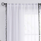 Treatmentex White Sheer Curtains Black Pompoms 63" inches Long Window Draperies for Boy's Room Bed Canopy 2 Panels Rod Pocket