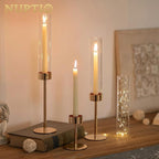 NUPTIO Candle Stick Holder for Wedding: 18 Pcs Tall Hurricane Gold Candles Holder with Clear Glass Chimney Cover - Tapered Candlestick Decor Bulk for Party Centerpiece