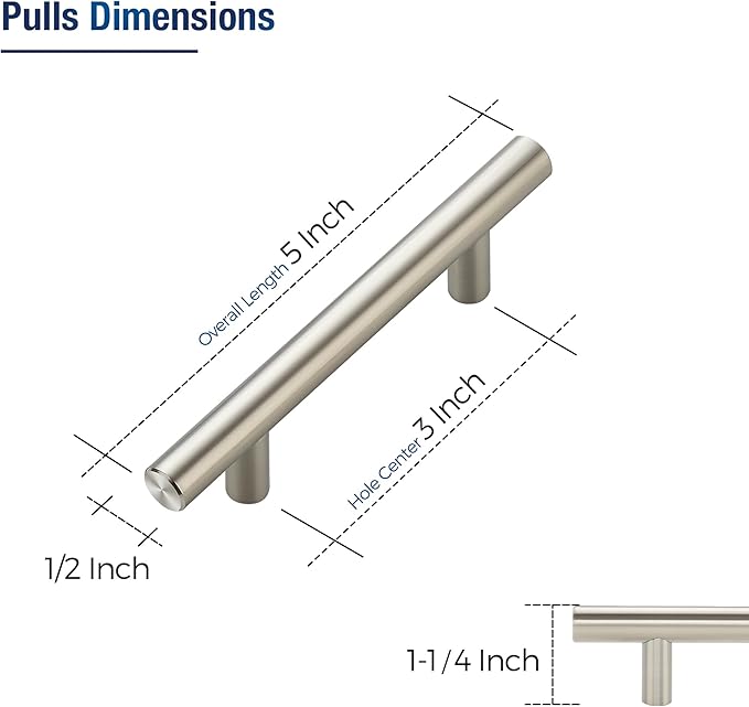 JOY DECOR 20 Pack Cabinet Handles, Brushed Nickel Cabinet Pulls, 3 in Hole Center Kitchen Cabinet Handles, Stainless Steel T Bar Handles for Dresser Drawers