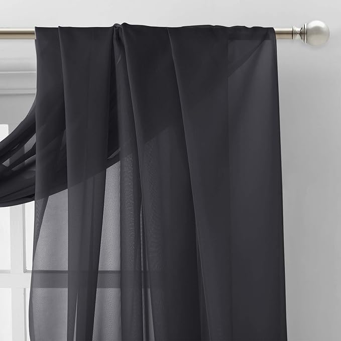 NICETOWN Black Sheer Villa Scarf Curtain Panels, Simple Voile Sheer Scarf Valance for Your Son & Farther Bedroom, 2 Pieces, 60" Length by 216" Width