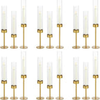 Glass Hurricane Candle Holders Set (18pcs)-Gold Metal Base Taper Candle Stick Holders for Candlesticks Holder Decor, Elegant Dining Table Centerpiece for Wedding, Christmas & Home Decor-Ribbed Glass
