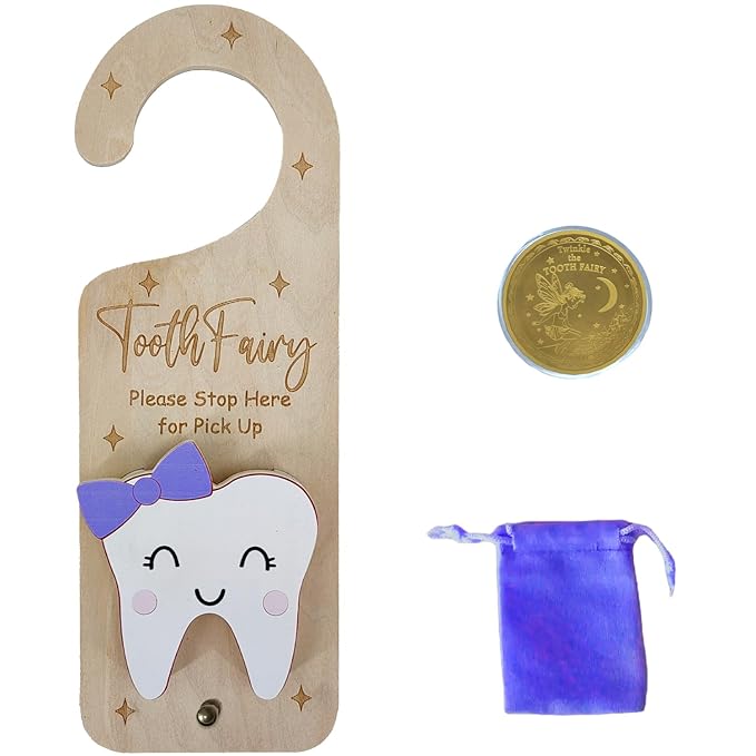 Tooth Fairy Door Hanger, Wooden Tooth Fairy Money Holder with Tooth Coins for Lost Tooth Kids Gifts (Purple)