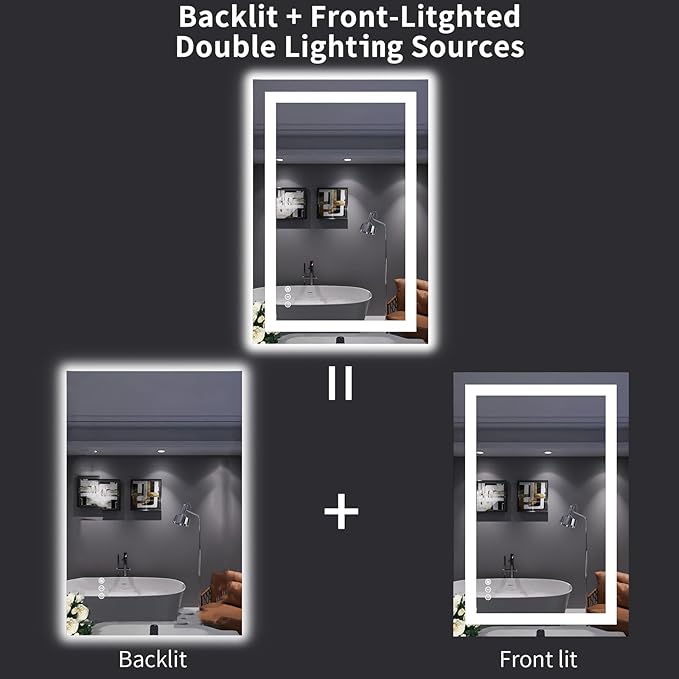 LOAAO 24"X36" LED Bathroom Mirror with Lights, Anti-Fog, Dimmable, Backlit + Front Lit, Lighted Bathroom Vanity Mirror for Wall, Memory Function, Tempered Glass, Safe to Use, ETL Listed