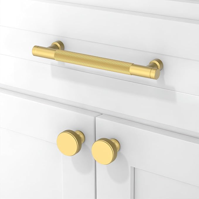 10 Pack Brushed Gold Knurled Cabinet Pulls 5 Inch(128mm) Kitchen Cabinet Handles Solid Zinc Alloy Cabinet Hardware Drawer Pulls