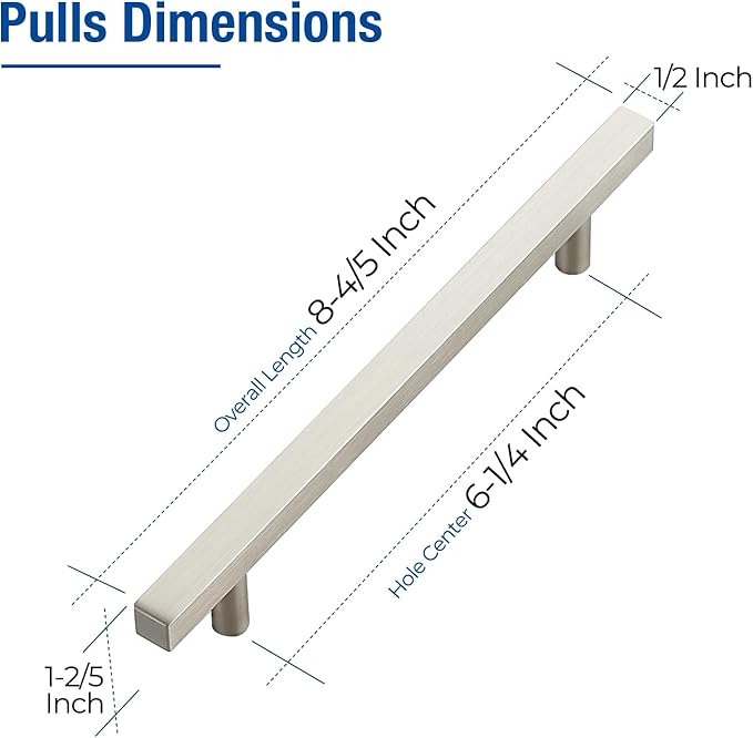 JOY DECOR 10 Pack 6-1/4 Inch Brushed Nickel Square Cabinet Handles Stainless Steel Cabinet Hardware Pulls for Kitchen and Drawers with 8-13/16 Inch Overall Length