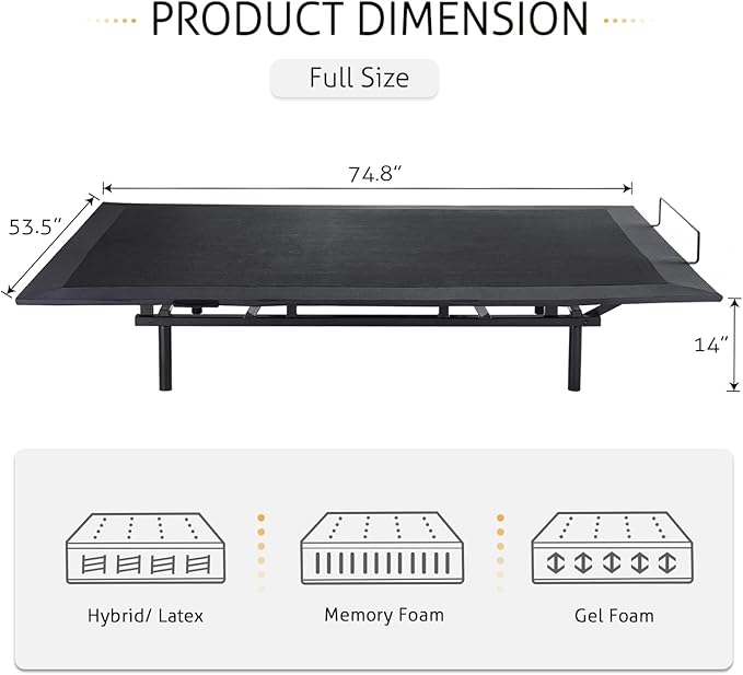 SHA CERLIN Electric Adjustable Bed Base, Ergonomic Basic Full Size Bed Frame with Upgraded Motors and Wireless Remote Control, Independent Head and Foot Incline, Assembly Required