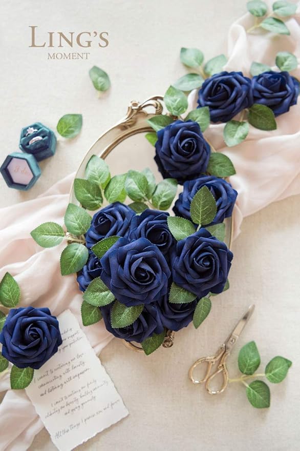 Ling's moment Artificial Flowers 50Pcs Navy Blue Roses Decor w/Stems,3" Real Touch DIY Foam Floral for Wedding Bouquet/Centerpieces, Outdoors Party Backdrop, Room/Table, and Garden/Pot Decorations