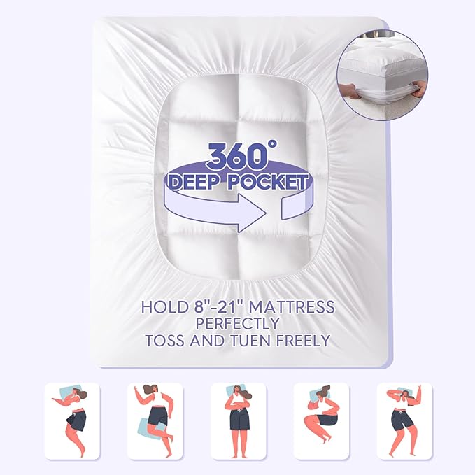 ABENE Queen Size Mattress Topper for Back Pain Relief, Extra Thick Mattress Pad Pillowtop, Soft Plush Mattress Cover Bed Topper with Deep Pocket, Overfilled Down Alternative Filling, White