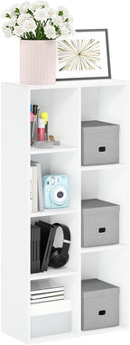 Furinno LUDER Book Shelf, 7-Cube Bookshelf, Bookcase, 9.4" x 19.5" x 41.7", for Living Room, Bedroom, Home Office, White