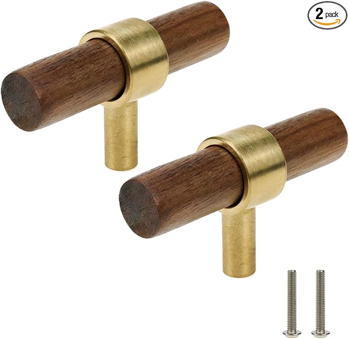 Drawer 2.36"/60mm Pulls Brass Walnut Kitchen Wardrobe Cabinet Hardware Pull Handle Single Hole with Screw, 2Pcs