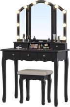 Tiptiper Makeup Vanity with Lights, Vanity Desk with 10 Light Bulbs & 3 Color Lighting Modes, Vanity Table with 5 Drawers and Cushioned Stool, Makeup Table with Tri-Fold Mirror for Women Girls, Black