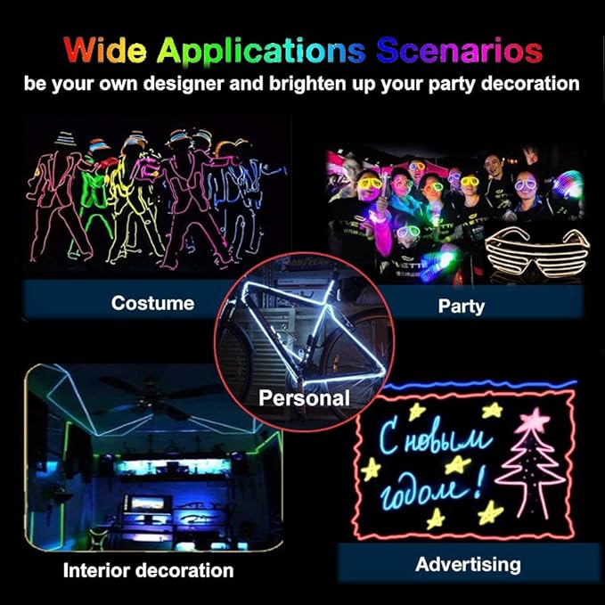 MaxLax EL Wire Blue, 2M Portable Battery Pack Neon Light Strip 360° Cuttable Glowing Rope Lights for Parties, Halloween, DIY Decoration