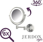 JERDON Wall-Mounted Makeup Mirror with Lights - Direct-Wired Lighted Makeup Mirror with 8X Magnification & Nickel Finish - Model HL88NLD