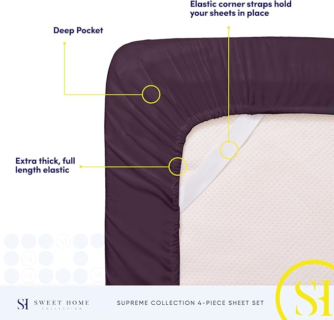 1800 Supreme Collection - Breathable Luxury Full Size Sheet Set with Full Elastic & Secure Corner Straps Built In, Extra Soft Deep Pocket Bedding, Purple