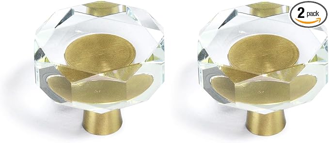 JEREVER 2 Pack Glass Crystal Knobs Brass Drawer Pull Cabinet Handle Gold Furniture Hardware for Dresser Kitchen (Polygon)