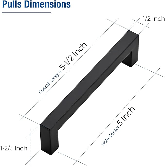 JOY DECOR 40 Pack Cabinet Handles, Black Cabinet Pulls, 5 Inch Kitchen Closet Handles Square Drawer Pulls Stainless Steel Drawer Hardware, 128mm Hole Centers