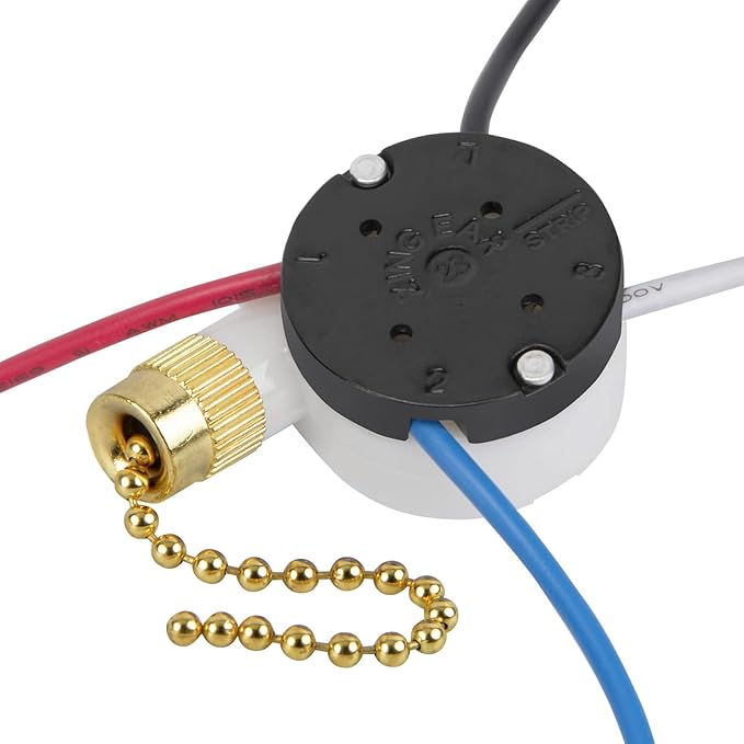 Ceiling Fan Switch Zing Ear ZE-208s E89885 3 Speed 4 Wire Pull Chain Switch Fan Light Switch Replacement Part with 4 Pre-Installed Wires(Brass Chain)