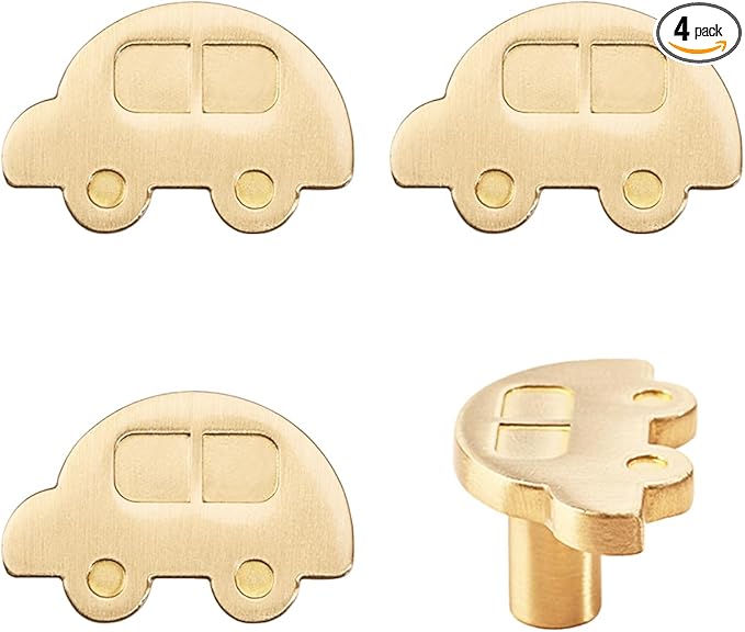 4Pcs Brass Knobs for Kids Cute Decorative Handles for Boys and Girls (Car)