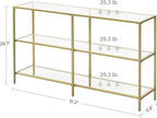 VASAGLE 51.2 Inch Console Table with 3 Shelves, Sofa Tables, Modern Entryway Table, Metal Frame, Tempered Glass Shelf, Entryway Living Room Bedroom, Metallic Gold and Transparent ULGT024A01