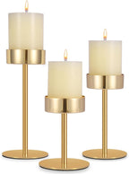 Pillar Candle Holders Set of 3, 3.15" Diameter Gold Metal Candlestick Holder for Pillar & Flameless Candles. Ideal Decoration for Table,Fireplace,Living,Dining Room,Perfect for Wedding,House Gift.