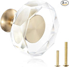 2-Pack 1-1/4-Inch White Cabinet Glass Crystal Patterned knob Brass Drawer Dresser Pulls, Gold Hardware Kitchen Closet knobs for Bifold Doors