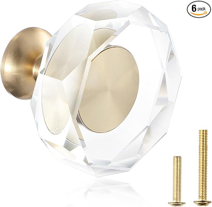 6-Pack 1-1/4-Inch White Cabinet Glass Crystal Patterned knob Brass Drawer Dresser Pulls, Gold Hardware Kitchen Closet knobs for Bifold Doors