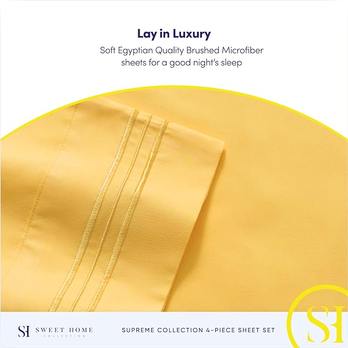 RV Queen Bed Sheets - Breathable Luxury Sheets with Full Elastic & Secure Corner Straps Built In - 1800 Supreme Collection Extra Soft Deep Pocket Bedding Set, Sheet Set, RV Short Queen, Yellow