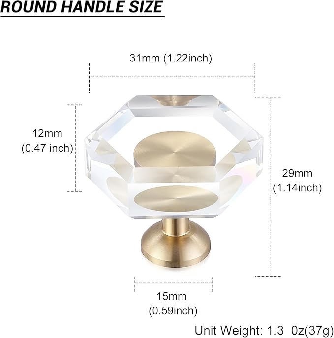 6-Pack Brass Base Crystal Drawer Knobs,Glass Crystal Gold Cabinet Knobs,1-5/16-Inch Hexagon,Kitchen Hardware Pulls, Modern Bathroom Hardware knob