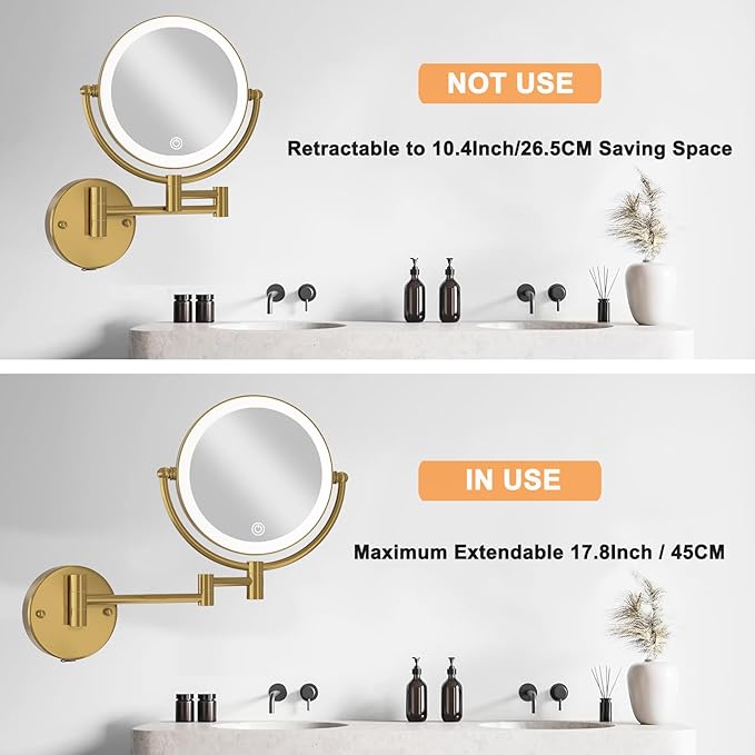 8" Make up Mirror Wall Mounted Lighted 10X Magnifying Hard Wired, Double Sides 3 Color Lighting Touch Dimming, 360 Swivel Extended Arm Shaving Light up Mirror for Bathroom, Brushed Moderne Brass