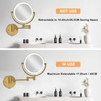 8" Make up Mirror Wall Mounted Lighted 10X Magnifying Hard Wired, Double Sides 3 Color Lighting Touch Dimming, 360 Swivel Extended Arm Shaving Light up Mirror for Bathroom, Brushed Moderne Brass