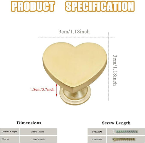 6 Pcs Brass Heart-Shaped Gold Cabinet Knobs, Suitable for Bathroom & Kitchen Drawer Pulls