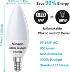 Vinaco E12 LED Bulb, 6 Pack E12 Candelabra Bulb 60 Watt Daylight White 5000K, High Brightness 600LM & 25000+ Long Lifespan E12 Bulb, E12 Candelabra Base, Light Bulb for Ceiling Fan Light Bulb…