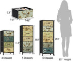 Furnulem Vertical Dresser for Bedroom, Tall Skinny Storage Tower with 5 Fabric Drawers, Chest of Drawers for Living Room, Dorm, Entryway, Vintage Furniture, Wood Top