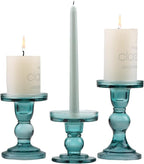 GMWD 3 Pcs Glass Candle Holder Set Clear, Green Candlesticks Holders Pillar Taper Candles Tealight Stand for Wedding Centerpieces Home Decorations Dining Table